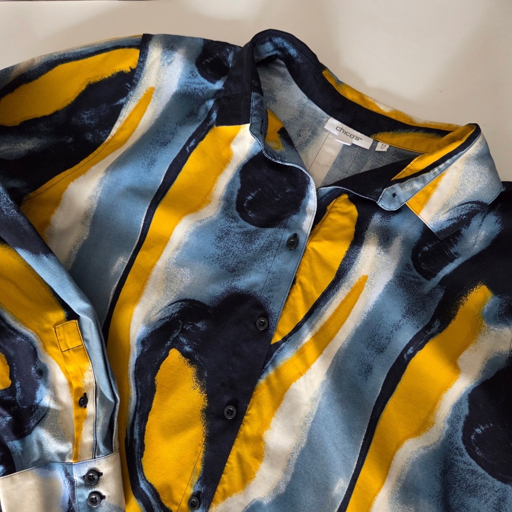 Chicos Abstract Print Button Down Shirt Women's Size 18 Yellow Blue Black Tunic